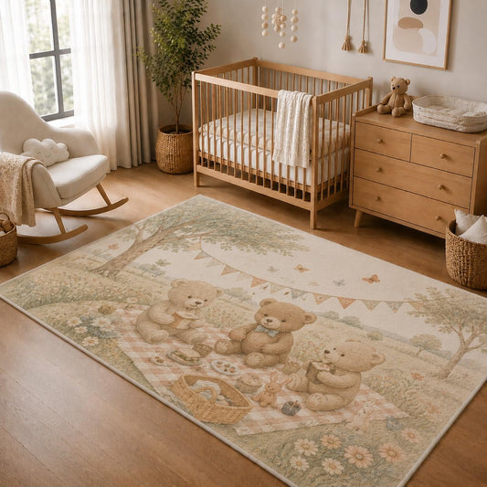 ICE ARMOR 5' x 7' Teddy Bear Picnic Area Rug, Soft Low Pile Indoor Rug with Non-Slip Silicone Backing, Cute Nursery Carpet for Kids Room, Playroom, Bedroom, Kids and Pets, Beige Green