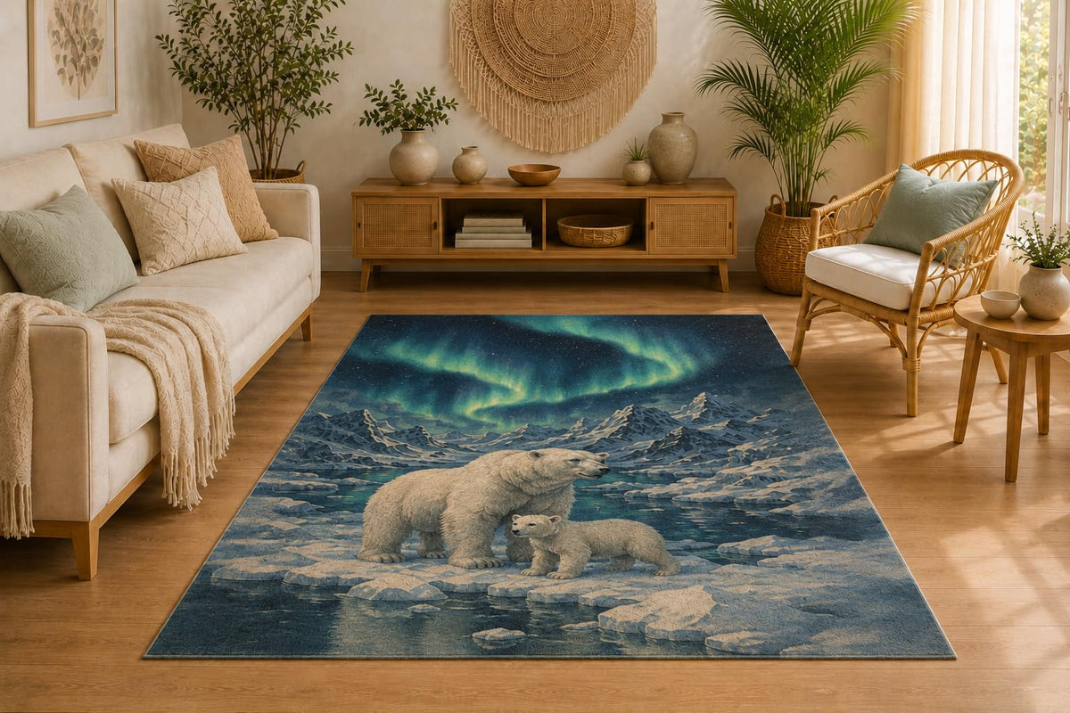 ICE ARMOR 5' x 7' Polar Bear Aurora Area Rug, Soft Low Pile Indoor Rug with Non-Slip Silicone Backing, Decorative Carpet for Living Room, Bedroom, Office