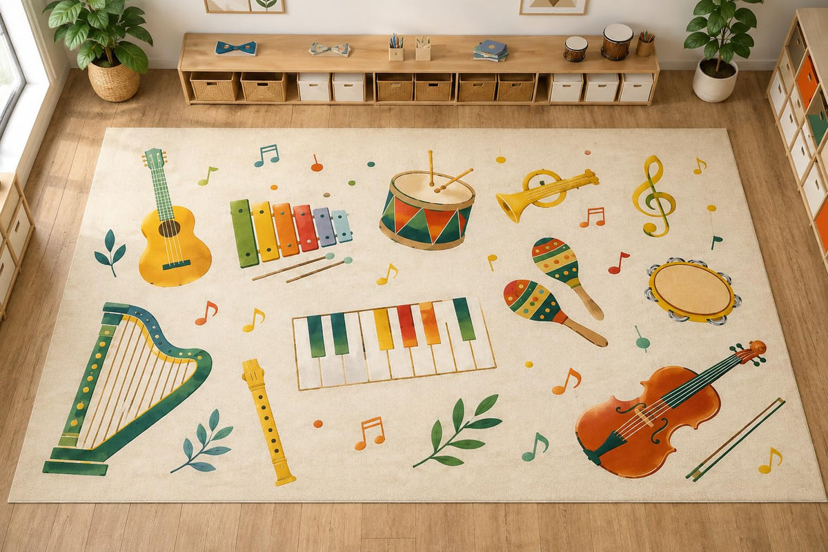 ICE ARMOR Large 6'7" x 9'10" Musical Instruments Area Rug, Soft Low Pile Indoor Rug with Non-Slip Silicone Backing for Kids Room and Playroom, Beige