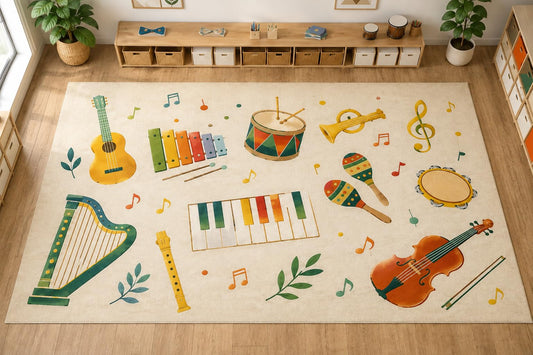 ICE ARMOR Large 6'7" x 9'10" Musical Instruments Area Rug, Soft Low Pile Indoor Rug with Non-Slip Silicone Backing for Kids Room and Playroom, Beige