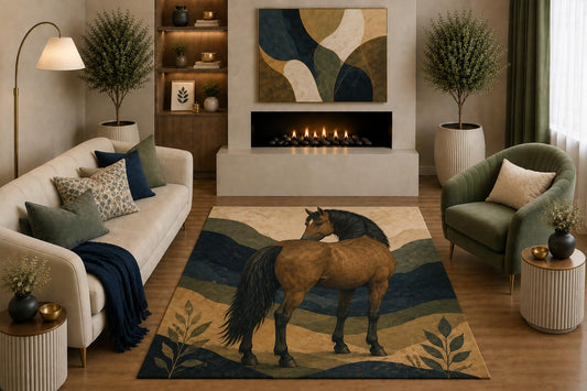 ICE ARMOR "Ultra Light Weight 5' x 7' Brown Horse Area Rug Modern Equestrian Mountain Landscape Art for Living Room Bedroom Office Farmhouse Decor Non-Slip Silicone Backing Low Pile