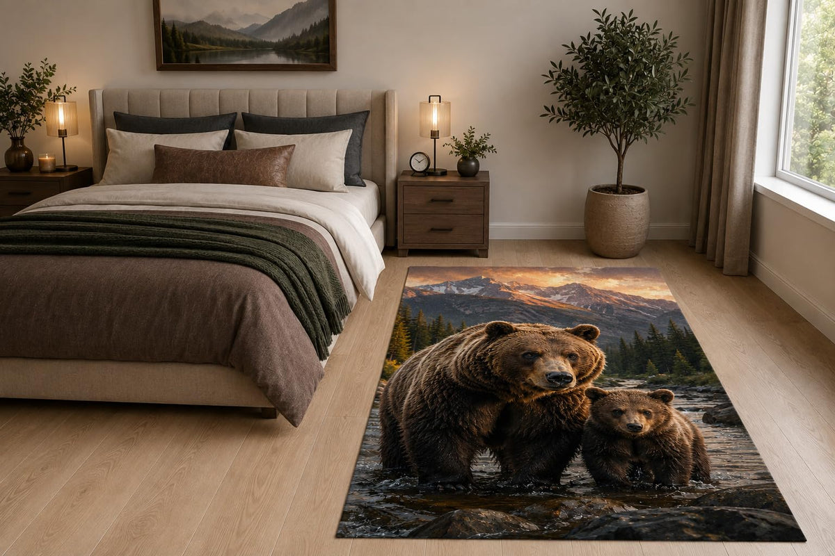 ICE ARMOR "Ultra Light Weight 5' x 7' Mountain Bear Family Area Rug for Living Room, Bedroom and Home Office, Soft Low Pile Carpet with Non-Slip Silicone Backing, Brown and Gray