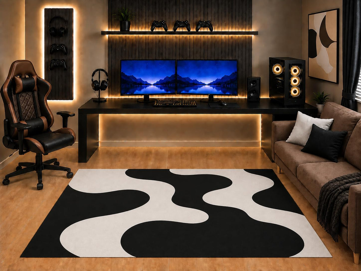 ICE ARMOR "Ultra Light Weight 5' x 7' Black White Organic Blob Area Rug Modern Abstract Fluid Shape Design for Bedroom Gaming Room Living Room Non-Slip Silicone Backing Low Pile