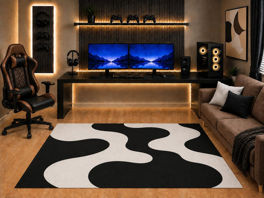 ICE ARMOR "Ultra Light Weight 5' x 7' Black White Organic Blob Area Rug Modern Abstract Fluid Shape Design for Bedroom Gaming Room Living Room Non-Slip Silicone Backing Low Pile