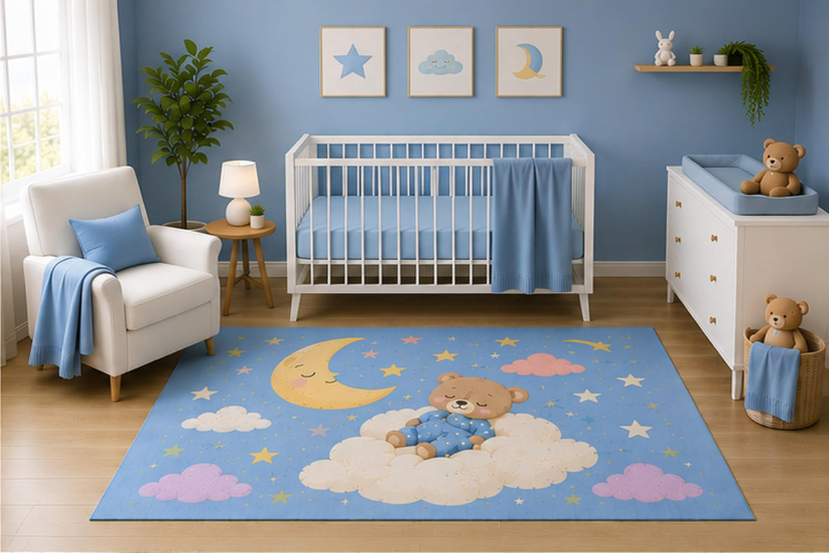 ICE ARMOR 5' x 7' Sleeping Teddy Bear Cloud Area Rug for Nursery Room, Blue Moon and Stars Pastel Baby Boy Bedroom Decor, Non-Slip Silicone Backing Low Pile