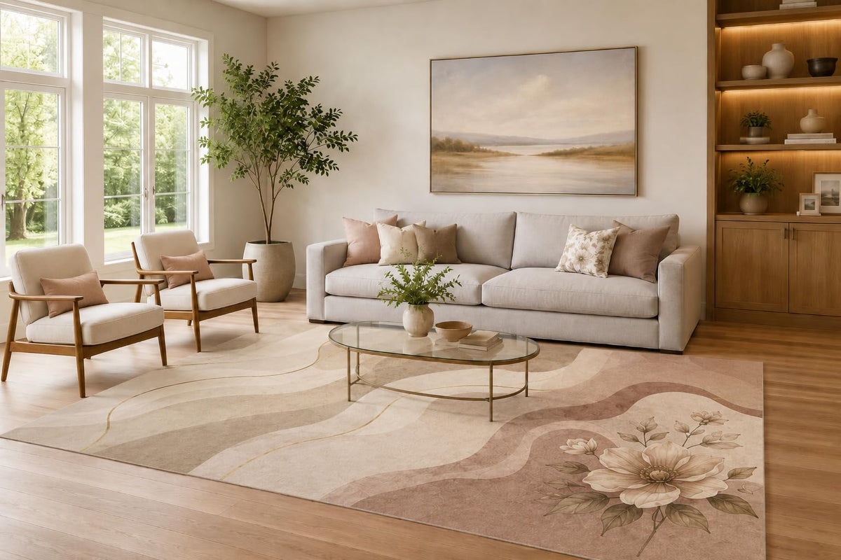 ICE ARMOR Large 6'7" x 9'10" Blush Pink and Beige Floral Wave Garden Area Rug for Living Room, Soft Low Pile Carpet with Non-Slip Silicone Backing, Decor for Bedroom and Home Office