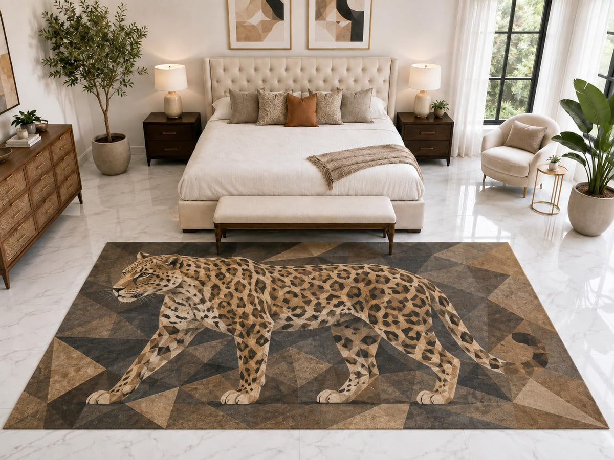 ICE ARMOR "Ultra Light Weight Large 6'7" x 9'10" Geometric Leopard Rug, Soft Low Pile Indoor Rug, Non-Slip Silicone Backing for Bedroom Tan Brown