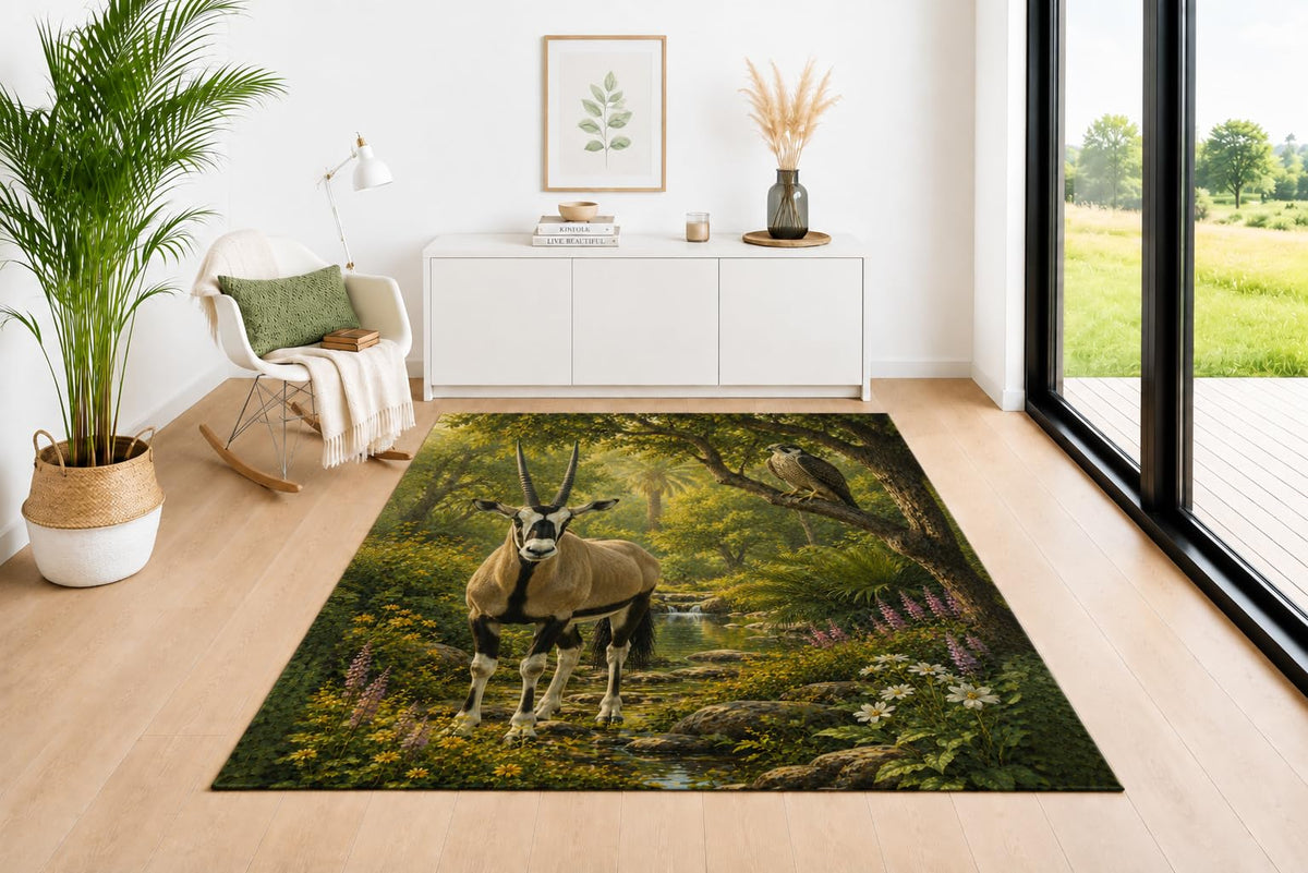 ICE ARMOR 5' x 7' Oryx and Falcon Area Rug, Soft Low Pile Indoor Carpet with Non-Slip Silicone Backing for Living Room, Bedroom, Dining Space, Office, Kids & Pets, Green