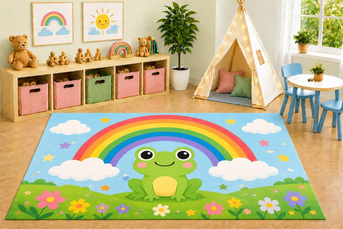 ICE ARMOR 5' x 7' Rainbow Frog Area Rug, Cute Cartoon Frog Floral Meadow Rainbow Kids Playroom Nursery Bedroom Decor, Non-Slip Silicone Backing Low Pile