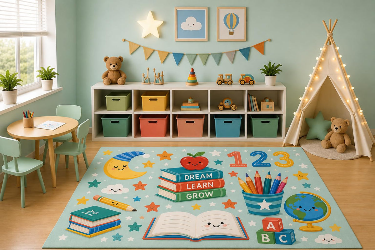 ICE ARMOR 5' x 7' Educational Learning Area Rug for Kids Playroom Nursery Bedroom, Dream Learn Grow Books ABC Blocks Numbers Globe Classroom Cartoon Decor, Non-Slip Silicone Backing Low Pile