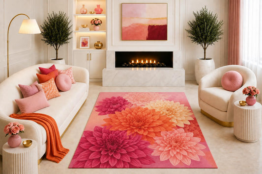 ICE ARMOR "Ultra Light Weight 5' x 7' Pink Orange Dahlia Floral Area Rug, Vibrant Botanical Flower Design for Living Room Bedroom Dining Room, Non-Slip Silicone Backing Low Pile