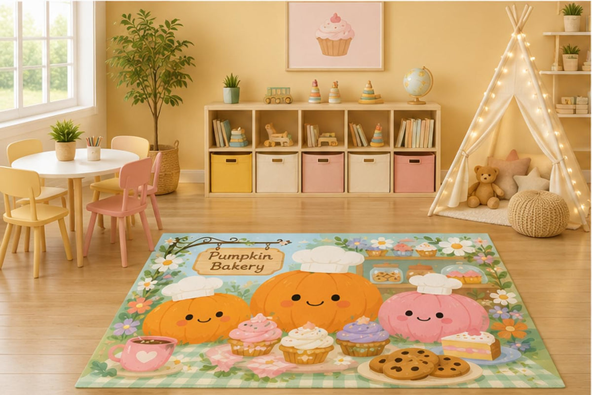 ICE ARMOR 5' x 7' Cute Pumpkin Bakery Kids Area Rug, Kawaii Autumn Cupcakes Cookies Dessert Cartoon Playroom Nursery Bedroom Classroom Decor, Non-Slip Silicone Backing Low Pile