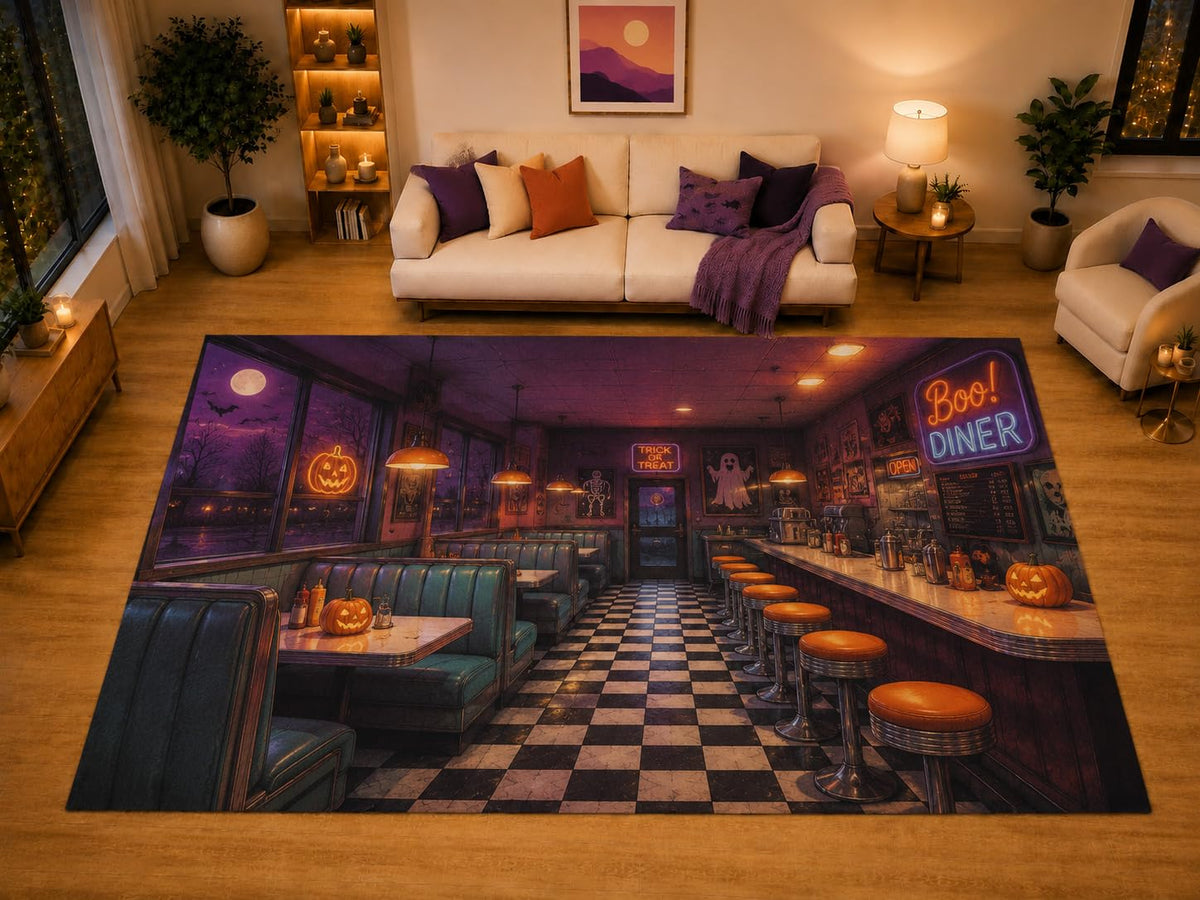 ICE ARMOR "Ultra Light Weight Large 6'7" x 9'10" Halloween Diner Area Rug for Living Room Bedroom Dining Area, Soft Low Pile Non-Slip Backing, Purple Orange Black Retro Restaurant Decor