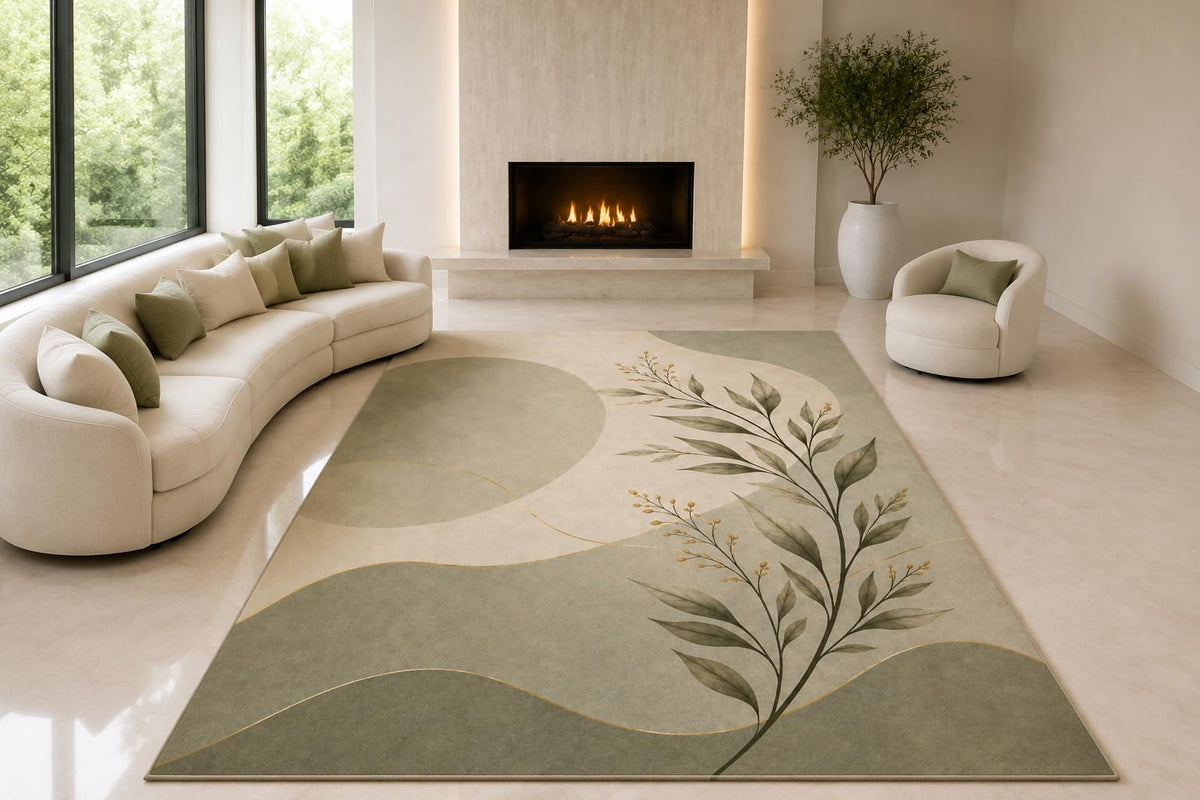 ICE ARMOR "Ultra Lightweight Large 6'7" x 9'10" Sage Botanical Hills Area Rug for Living Room, Bedroom and Home Office, Soft Low Pile Carpet with Non-Slip Silicone Backing, Green and Beige