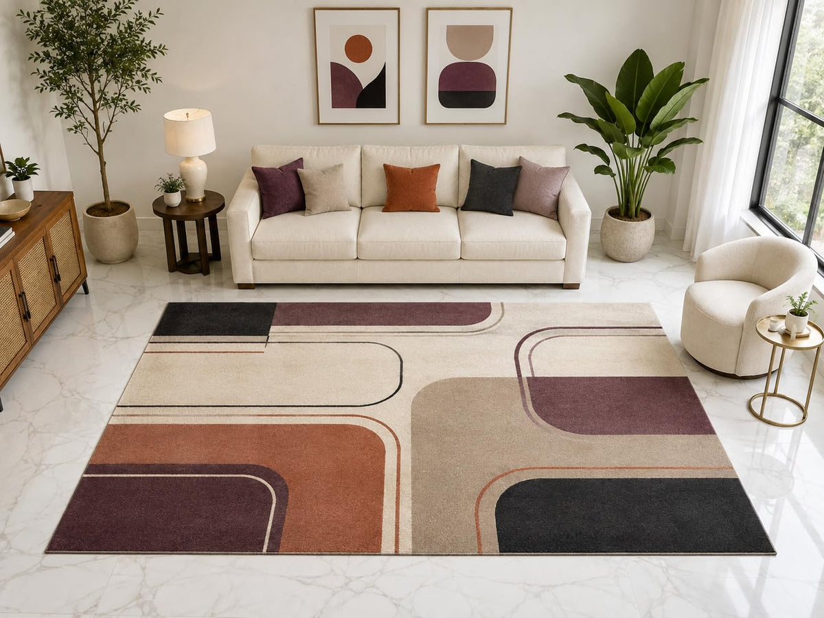 ICE ARMOR "Ultra Light Weight Large 6'7" x 9'10" Retro Rounded Block Rug, Soft Low Pile Indoor Rug, Non-Slip Silicone Backing for Living Room Beige