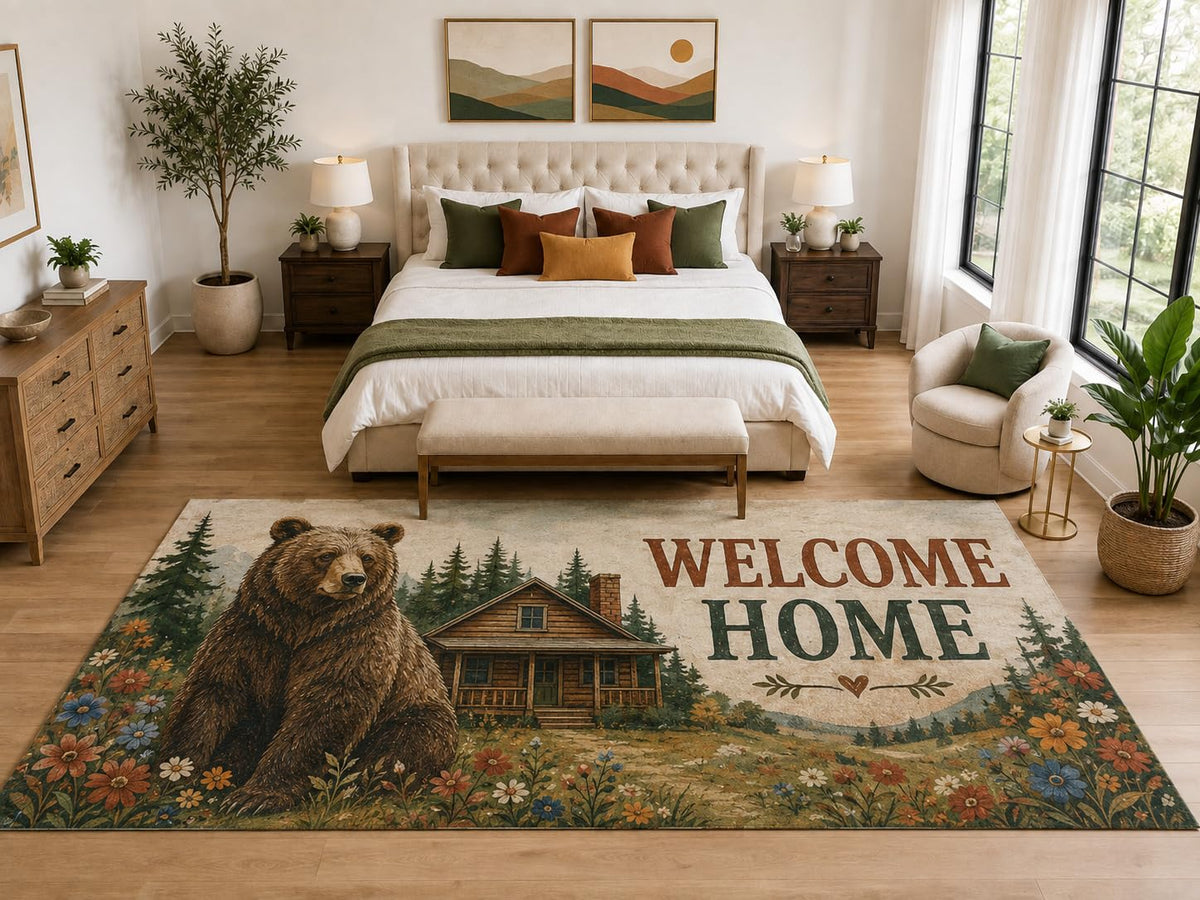 ICE ARMOR "Ultra Light Weight Large 6'7" x 9'10" Welcome Home Bear Cabin Rug, Soft Low Pile Indoor Rug, Non-Slip Silicone Backing, Family Room Brown