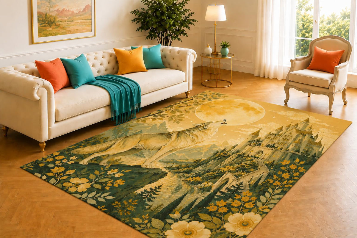 ICE ARMOR 5' x 7' Moonlit Wolf Castle Area Rug for Living Room, Soft Low Pile Indoor Rug with Non-Slip Silicone Backing, Decorative Carpet for Bedroom, Office, Gray
