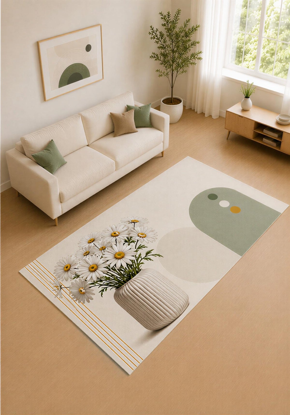 ICE ARMOR 5' x 7' Sage Green and Ivory Daisy Vase Area Rug for Living Room, Soft Low Pile Carpet with Non-Slip Silicone Backing, Decor for Bedroom and Home Office