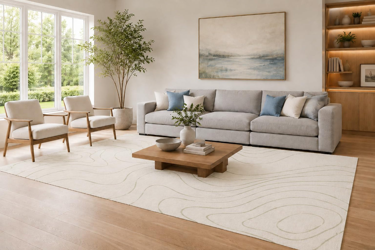 ICE ARMOR Large 6'7" x 9'10" Ivory and Sage Green Contour Lines Area Rug for Living Room, Soft Low Pile Carpet with Non-Slip Silicone Backing, Decor for Bedroom and Home Office
