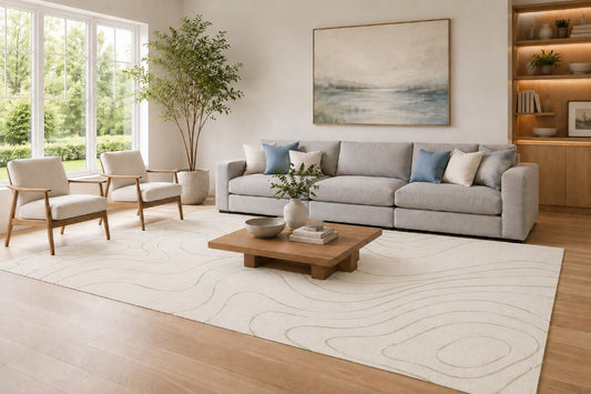 ICE ARMOR Large 6'7" x 9'10" Ivory and Sage Green Contour Lines Area Rug for Living Room, Soft Low Pile Carpet with Non-Slip Silicone Backing, Decor for Bedroom and Home Office
