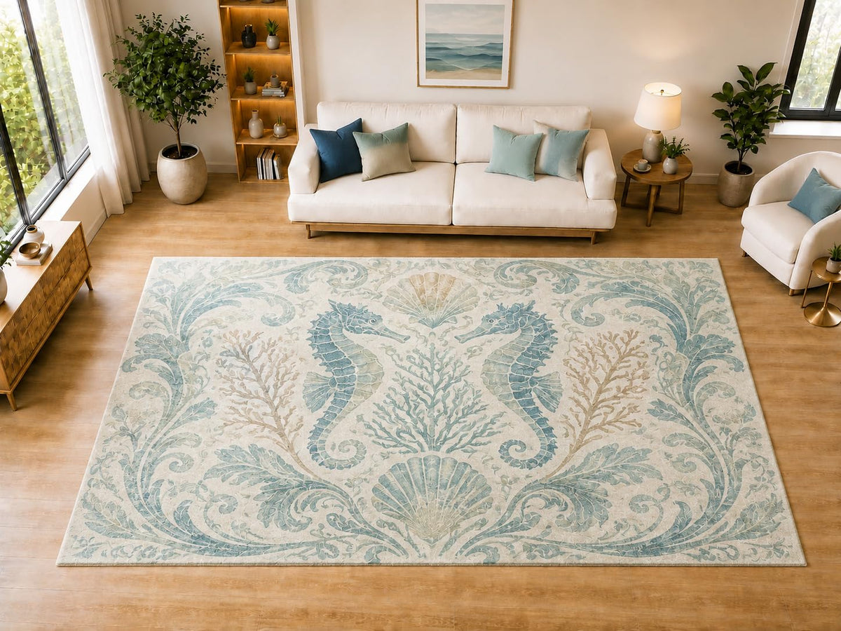 ICE ARMOR "Ultra Light Weight Large 6'7" x 9'10" Seahorse Coral Area Rug for Dining, Living Room, Bedroom, Soft Low Pile Indoor Rug with Non-Slip Silicone Backing, Aqua Cream