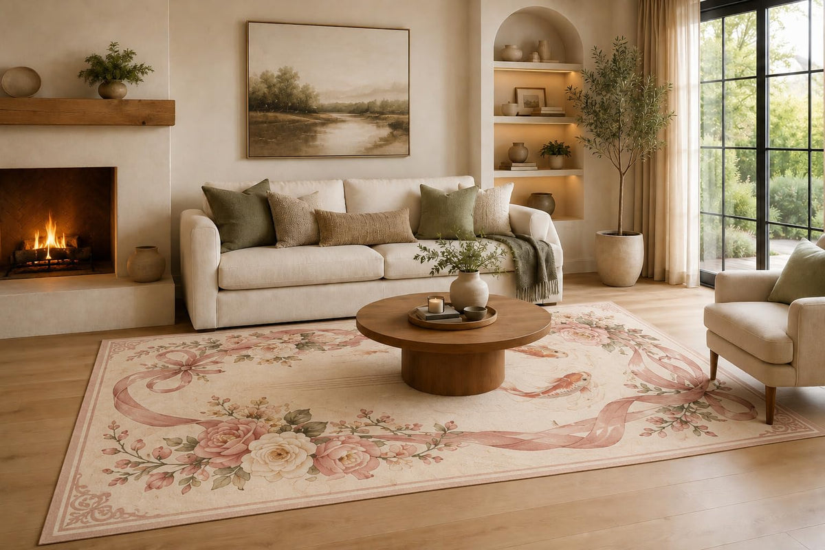ICE ARMOR Large 6'7" x 9'10" Dusty Rose and Ivory Floral Ribbon Koi Area Rug for Living Room, Soft Low Pile Carpet with Non-Slip Silicone Backing, Decor for Bedroom, Dining Area and Home Office