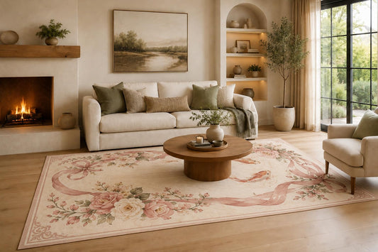 ICE ARMOR Large 6'7" x 9'10" Dusty Rose and Ivory Floral Ribbon Koi Area Rug for Living Room, Soft Low Pile Carpet with Non-Slip Silicone Backing, Decor for Bedroom, Dining Area and Home Office