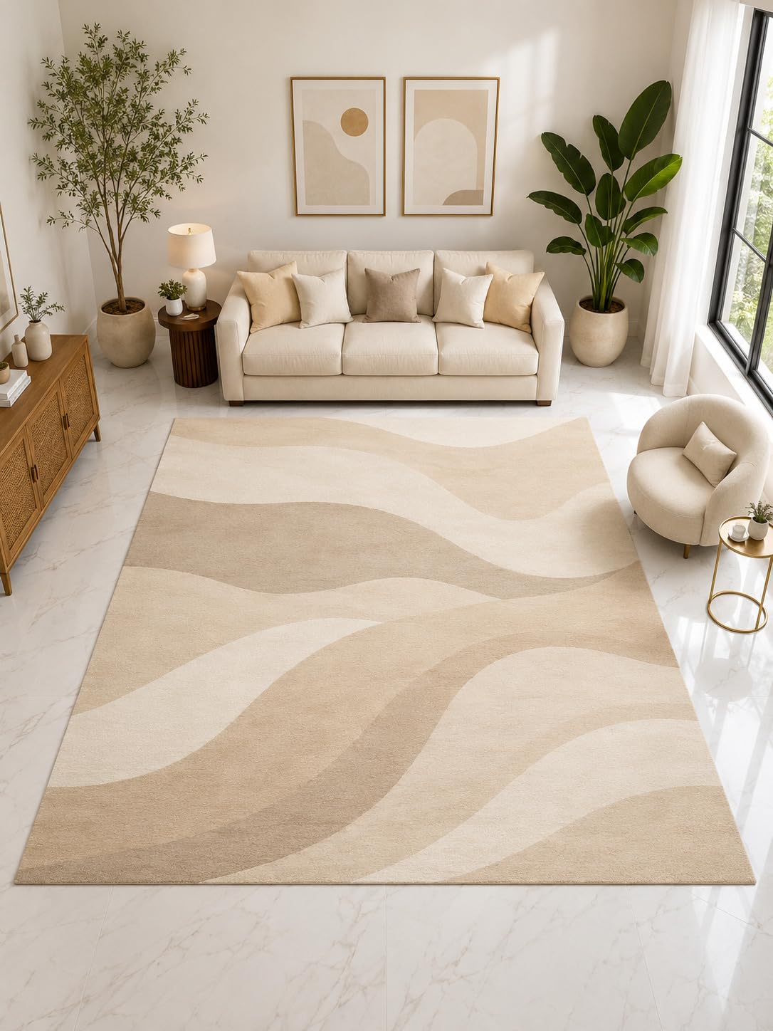ICE ARMOR Large 6'7" x 9'10" Abstract Flowing Wave Area Rug, Soft Low Pile Indoor Rug with Non-Slip Silicone Backing for Living Room, Beige Gray