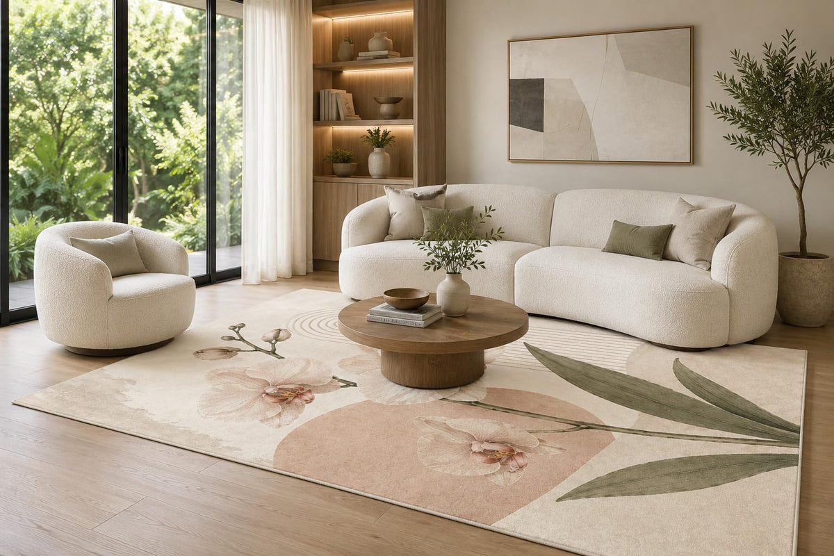 ICE ARMOR 6'7" x 9'10" Ivory Blush and Sage Orchid Area Rug with Delicate Flowers Long Leaves and Rounded Shapes, Soft Low Pile Non-Slip Indoor Carpet for Living Room and Bedroom