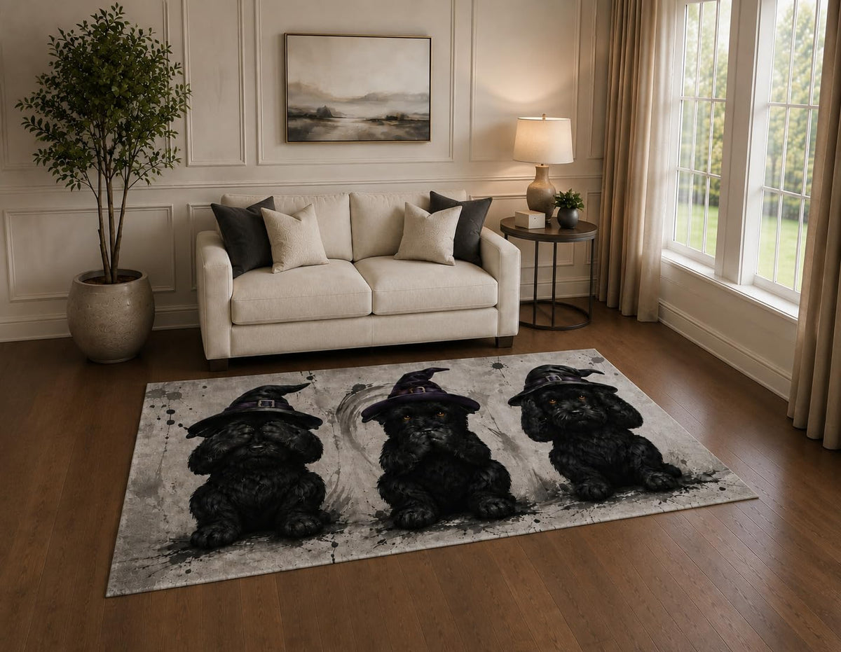 ICE ARMOR "Ultra Light Weight 5' x 7' Witch Hat Dog Trio Area Rug for Living Room, Bedroom and Home Office, Soft Low Pile Carpet with Non-Slip Silicone Backing, Black and Gray