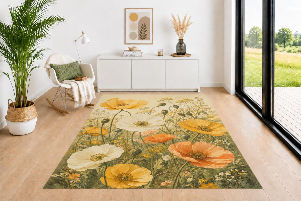ICE ARMOR 5' x 7' Wildflower Poppy Meadow Area Rug for Living Room, Soft Low Pile Indoor Rug with Non-Slip Backing, Floral Carpet for Bedroom, Dining Room, Office, Yellow Orange