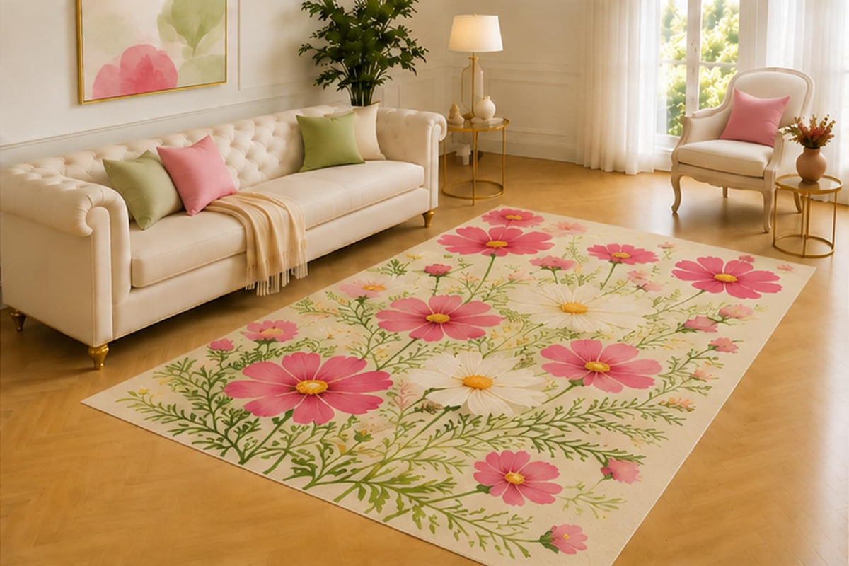 ICE ARMOR 5' x 7' Pink Cosmos Rug, Delicate Rose and White Flowers with Fernlike Green Stems, Airy Floor Decor for Bedroom, Nursery or Cozy Reading Corner
