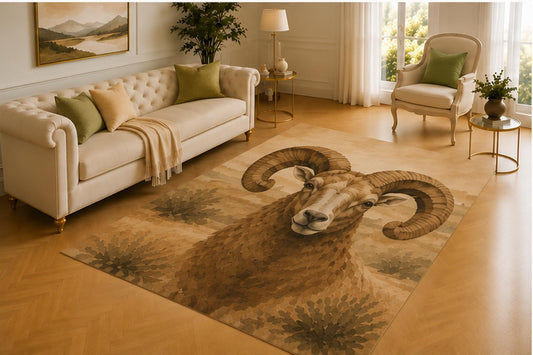 ICE ARMOR 5' x 7' Bighorn Ram Rug, Curved Horn Mountain Wildlife Artwork, Smooth Printed Floor Cover for Bedroom, Study, Cabin and Western Lodge Decor