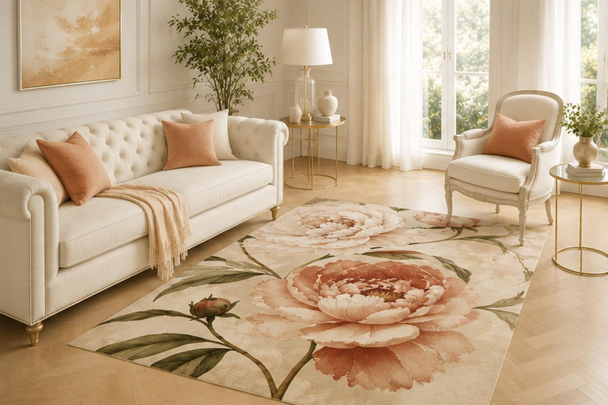 ICE ARMOR 5' x 7' Blush Peony Floral Area Rug for Living Room, Soft Low Pile Indoor Carpet with Non-Slip Backing for Bedroom, Dining Room, Office, Peach