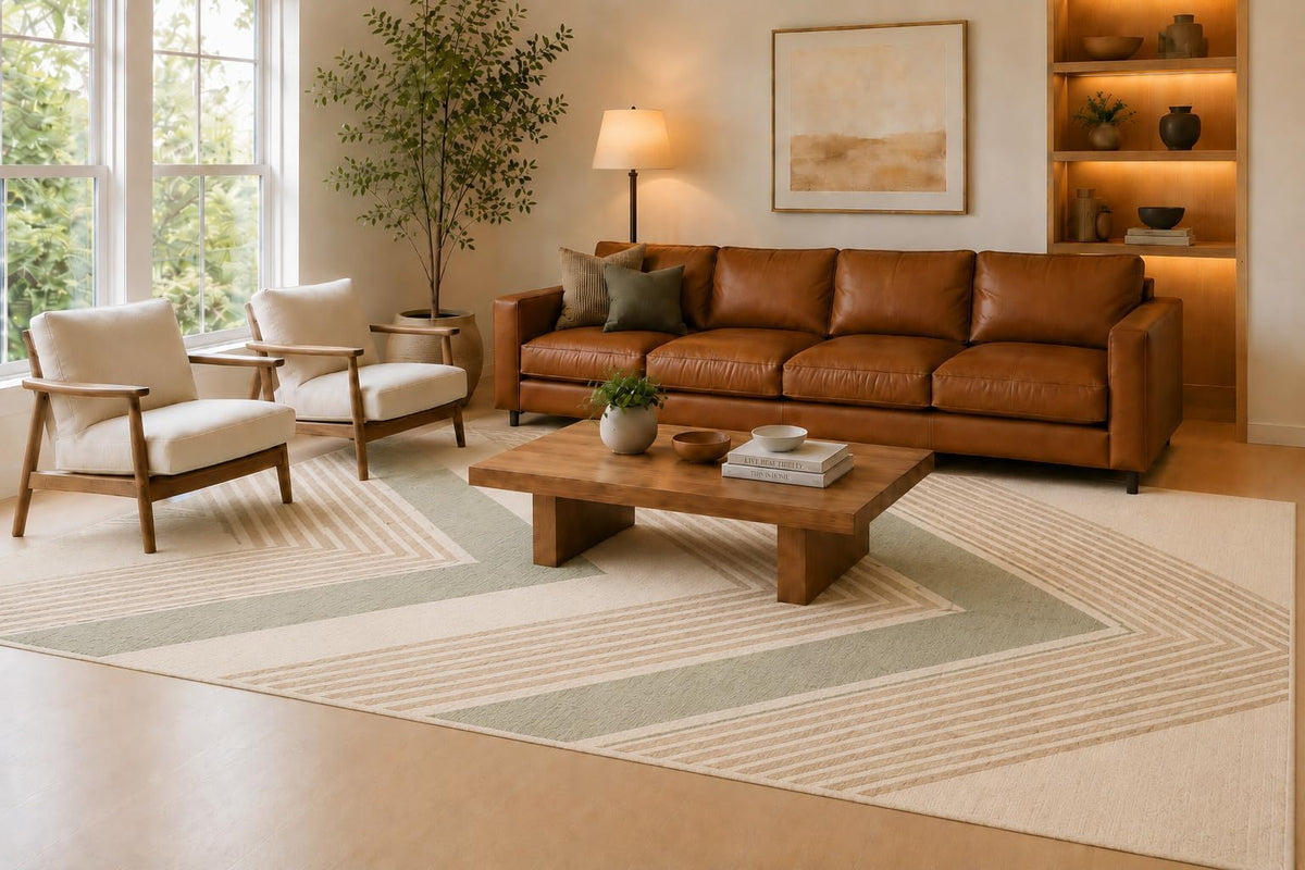 ICE ARMOR Large 6'7" x 9'10" Sage, Cream and Beige Chevron Lines Area Rug for Living Room, Soft Low Pile Carpet with Non-Slip Silicone Backing, Floor Decor for Bedroom, Dining Area and Home Office