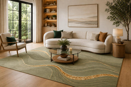 ICE ARMOR 6'7" x 9'10" Sage Green Flowing Wave Lines Area Rug for Living Room, Soft Low Pile Carpet with Non-Slip Silicone Backing, Floor Decor for Bedroom, Dining Room and Home Office