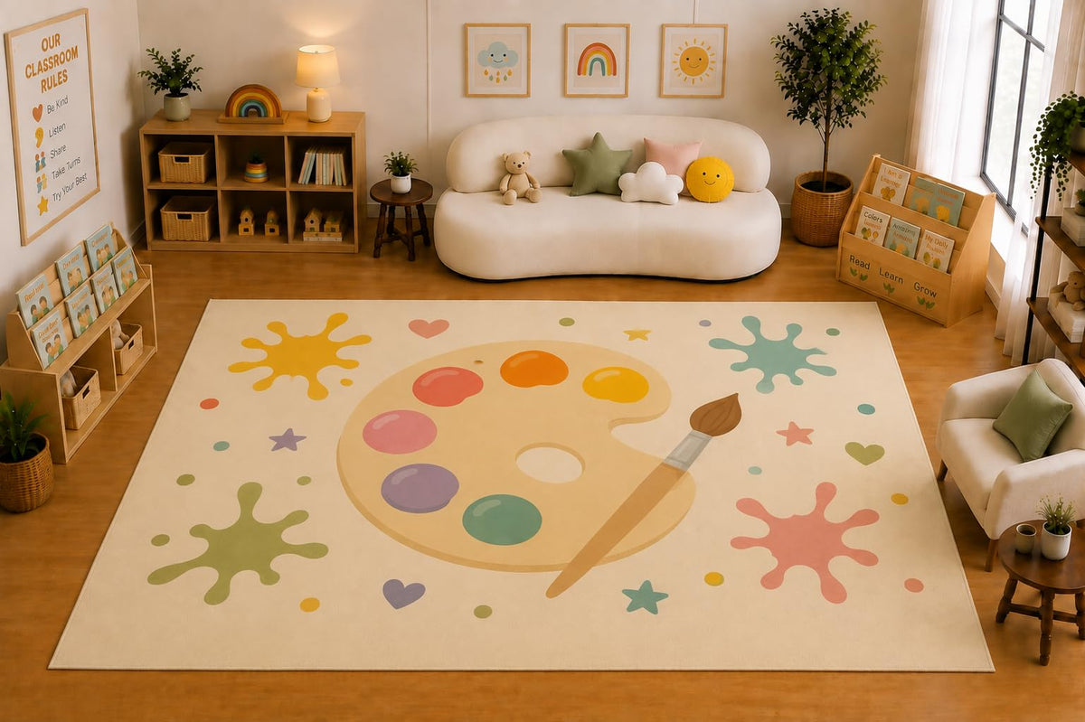 ICE ARMOR Large 6'7" x 9'10" Art Palette and Paint Splashes Area Rug for for Kids Room, Classroom, Bedroom, Playroom Decor, Soft Low Pile Indoor Rug with Non-Slip Silicone Backing, Cream Pastel