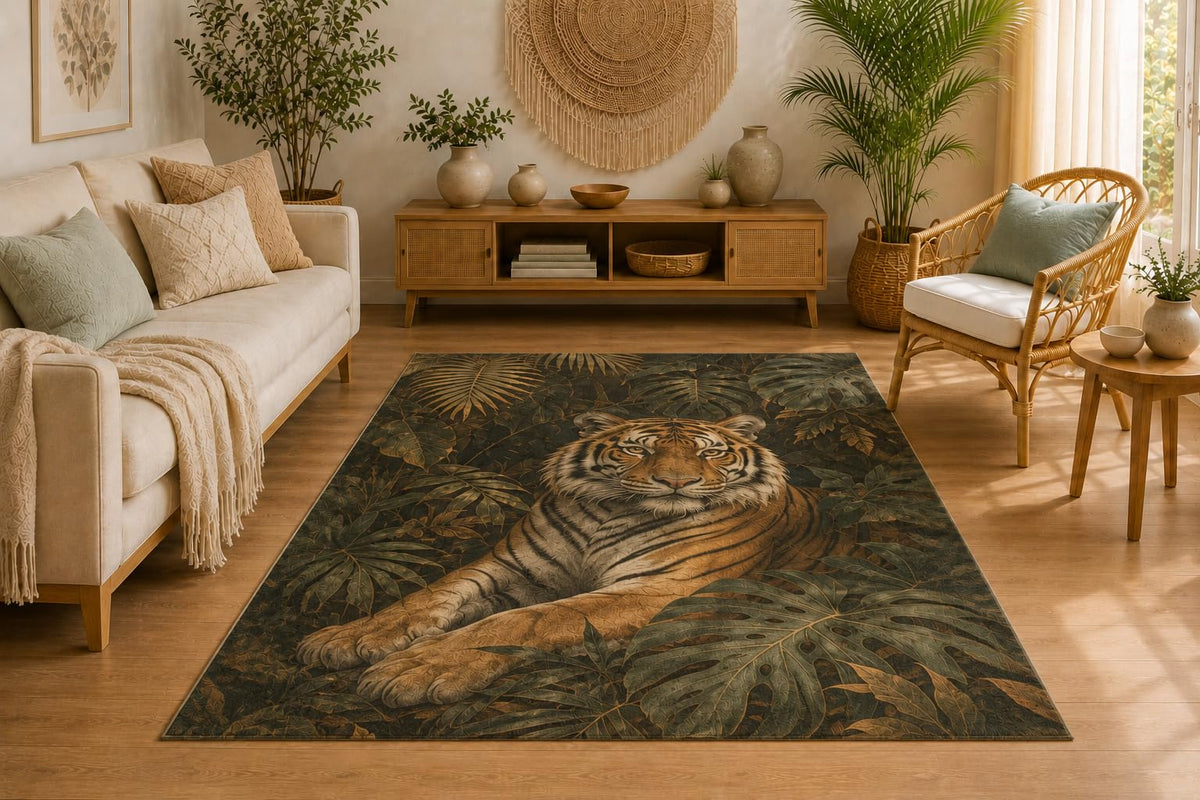 ICE ARMOR 5' x 7' Resting Tiger Jungle Area Rug, Soft Low Pile Indoor Rug with Non-Slip Silicone Backing, Decorative Carpet for Living Room, Bedroom, Dining Room, Office, Wildlife Decor