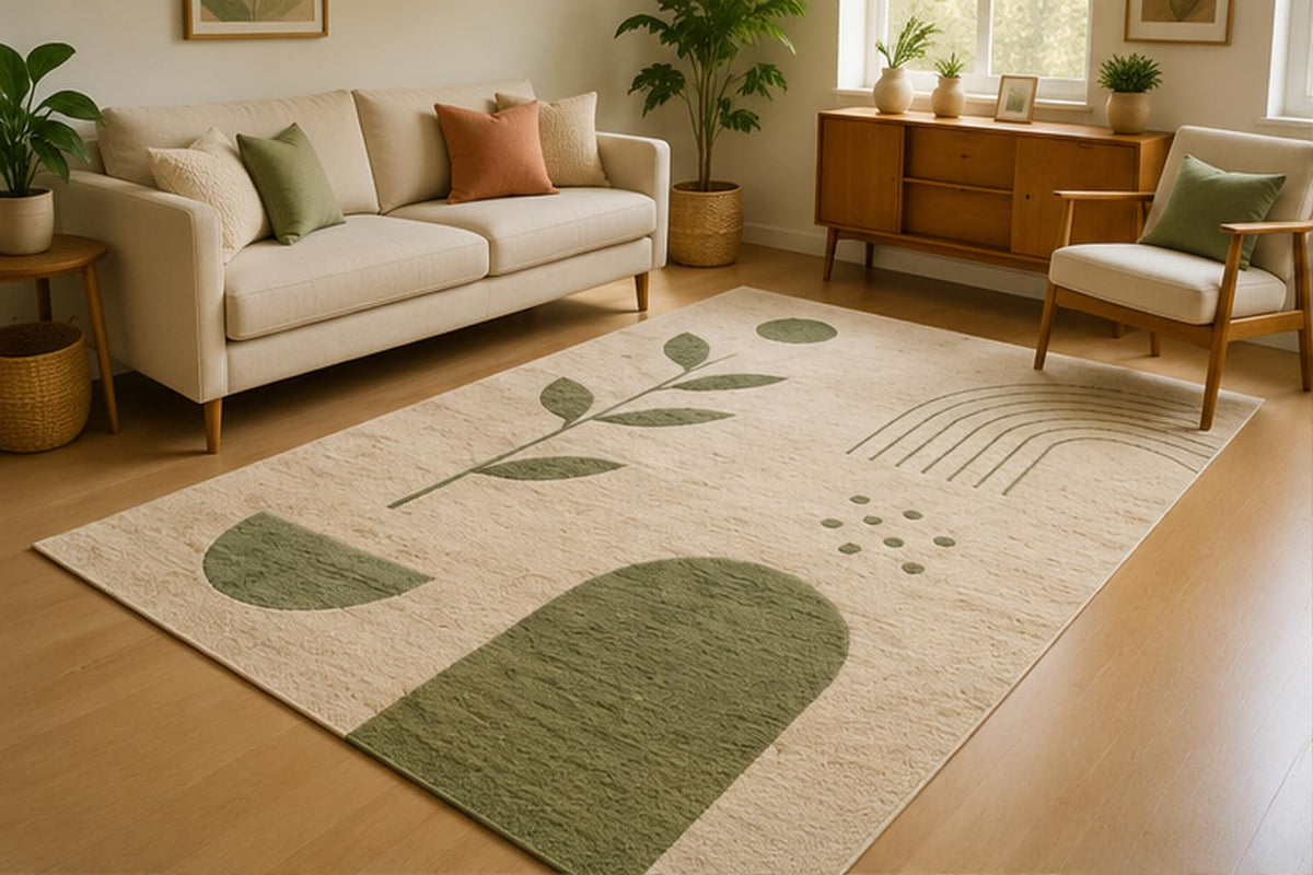 ICE ARMOR 5' x 7' Minimal Botanical Leaf Area Rug for Living Room, Soft Low Pile Indoor Rug with Non-Slip Silicone Backing, Carpet for Bedroom, Nursery, Kids Room, Family Room, Sage Green Beige