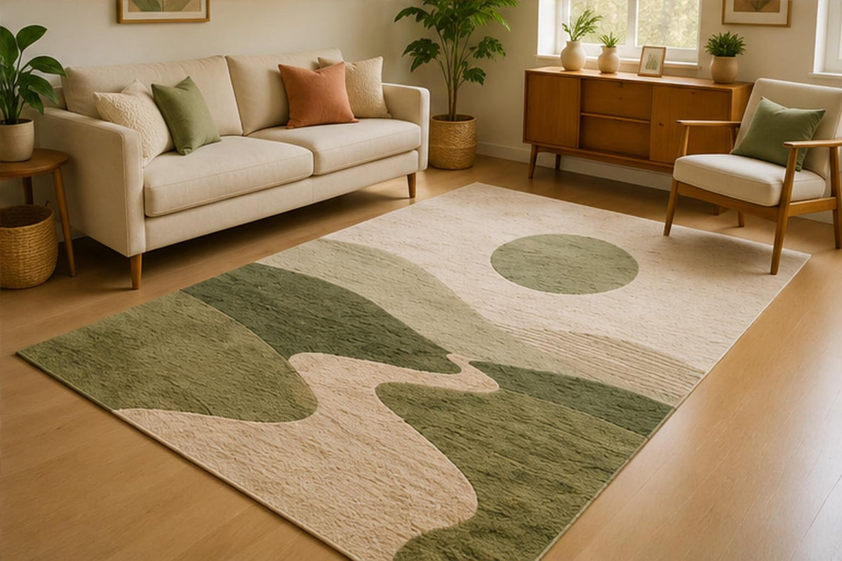ICE ARMOR 5' x 7' Abstract Nature Shapes Area Rug for Living Room, Soft Low Pile Indoor Rug with Non-Slip Silicone Backing, Modern Carpet for Bedroom, Office, Family Room, Sage Green Ivory