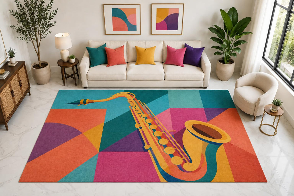ICE ARMOR "Ultra Light Weight Large 6'7" x 9'10" Saxophone Geometric Rug, Soft Low Pile Indoor Rug, Non-Slip Silicone Backing for Living Room Teal