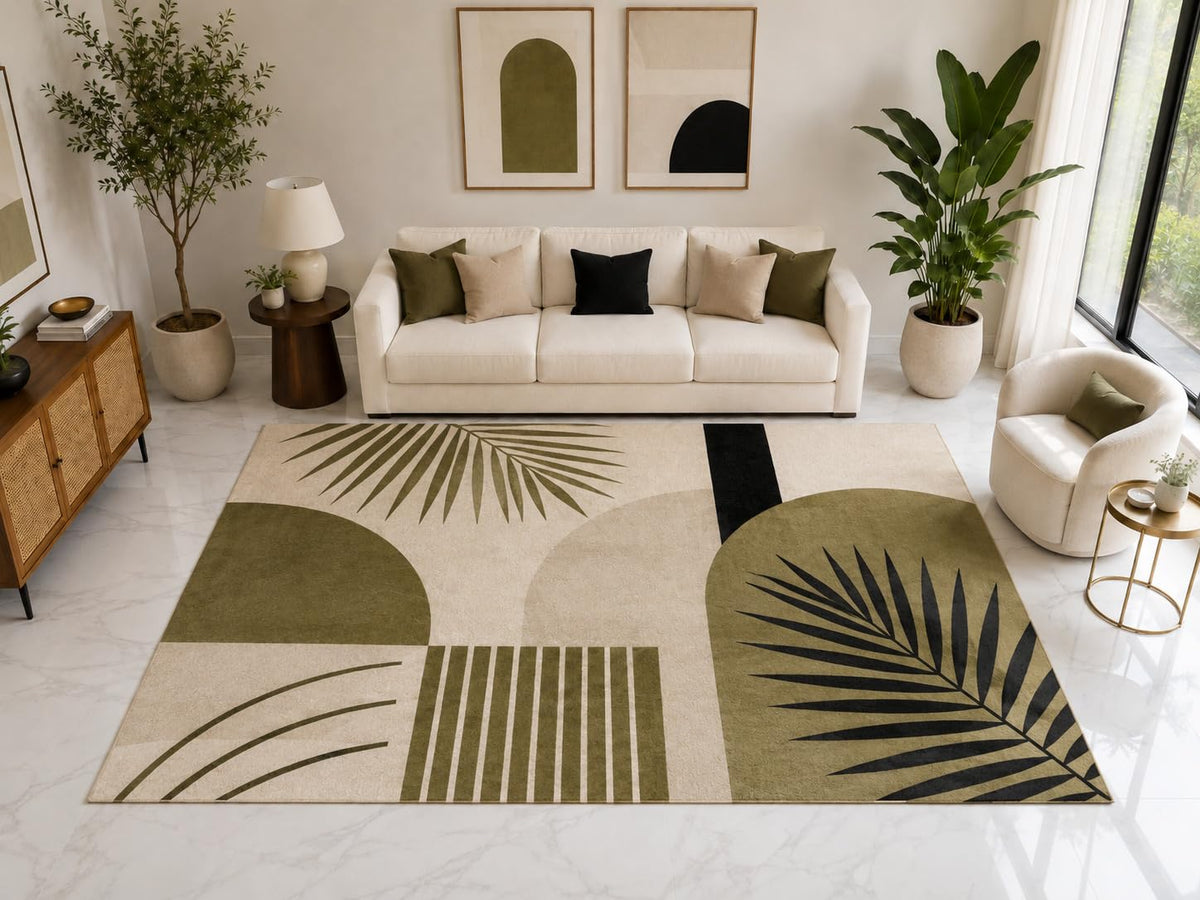 ICE ARMOR Large 6'7" x 9'10" Tropical Palm Geometric Area Rug, Soft Low Pile Indoor Rug with Non-Slip Silicone Backing for Living Room Office, Olive