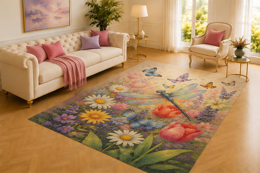 ICE ARMOR 5' x 7' Dragonfly and Butterfly Rug, Colorful Insects Flying Among Tulips, Daisies and Lavender, Soft Floor Cover for Living Room, Bedroom and Garden Decor