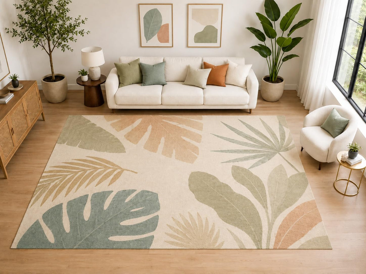 ICE ARMOR "Ultra Light Weight Large 6'7" x 9'10" Tropical Leaf Area Rug, Soft Low Pile Indoor Rug and Non-Slip Silicone Backing for Living Room Dining Room, Sage Beige