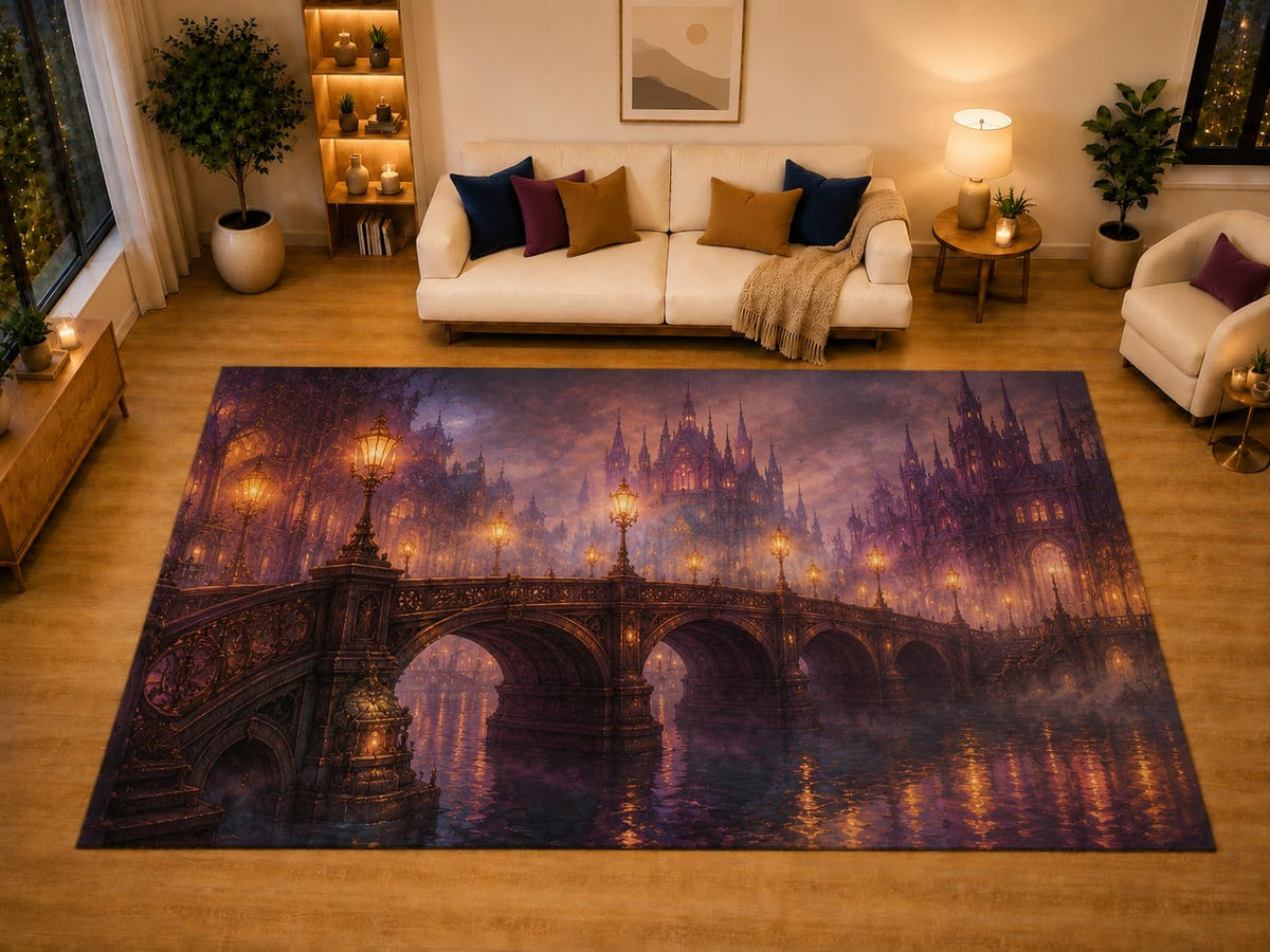 ICE ARMOR "Ultra Light Weight Large 6'7" x 9'10" Gothic City Bridge Area Rug for Living Room Bedroom Dining Area, Soft Low Pile Non-Slip Backing, Purple Black Dark Fantasy Decor