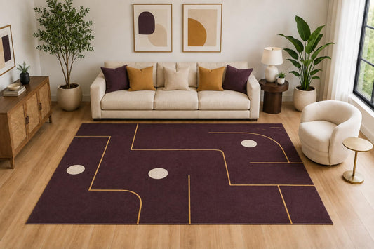 ICE ARMOR Large 6'7" x 9'10" Modern Abstract Line Area Rug for for Bedroom, Living Room, Soft Low Pile Indoor Rug with Non-Slip Silicone Backing, Burgundy Golden