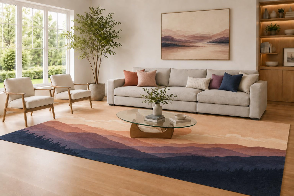 ICE ARMOR Large 6'7" x 9'10" Plum Purple and Peach Forest Sunset Area Rug for Living Room, Soft Low Pile Carpet with Non-Slip Silicone Backing, Decor for Bedroom and Home Office