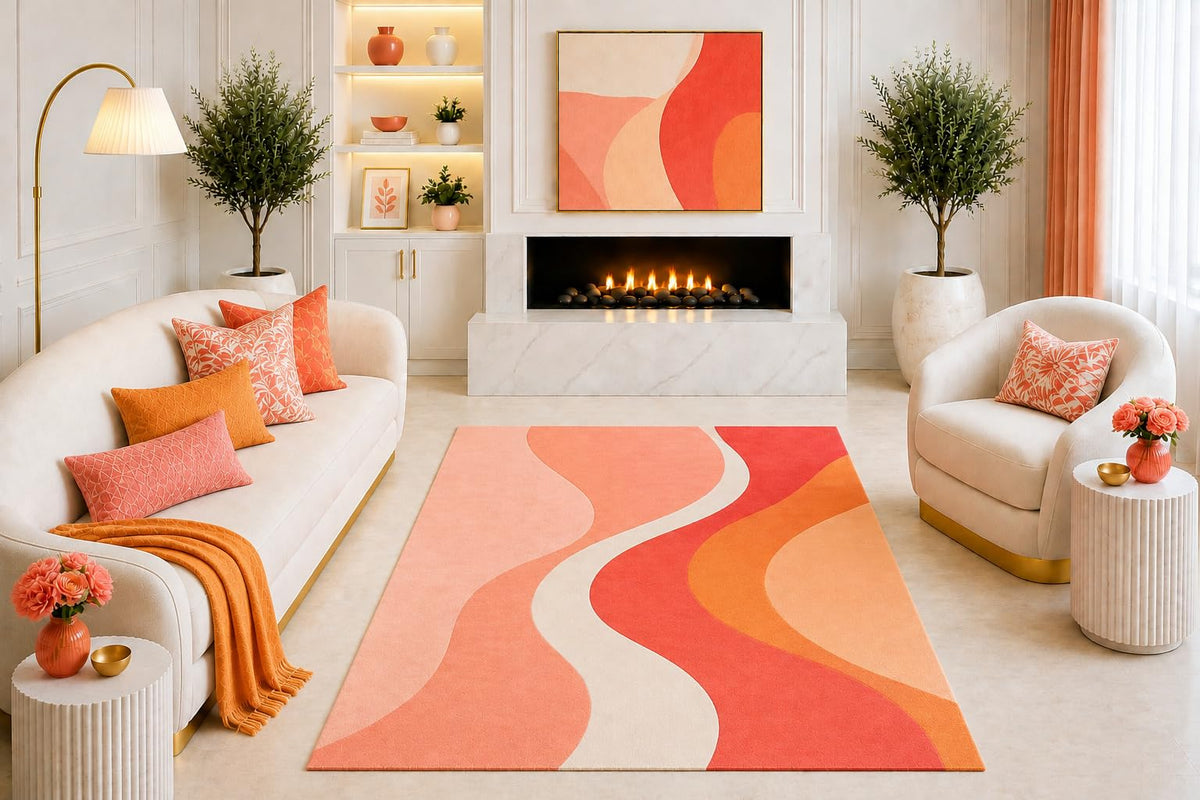 ICE ARMOR "Ultra Light Weight 5' x 7' Orange Abstract Wave Area Rug, Retro Modern Geometric Design for Living Room Bedroom Dining Room, Non-Slip Silicone Backing Low Pile