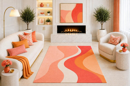 ICE ARMOR "Ultra Light Weight 5' x 7' Orange Abstract Wave Area Rug, Retro Modern Geometric Design for Living Room Bedroom Dining Room, Non-Slip Silicone Backing Low Pile