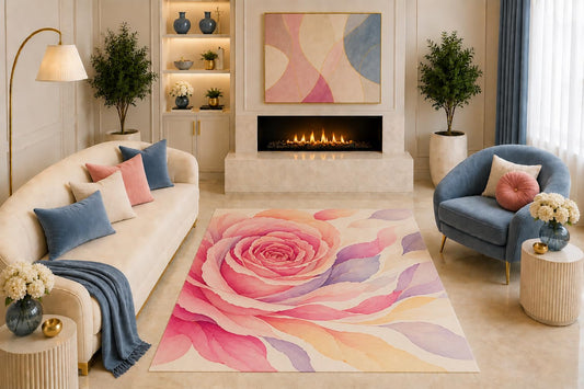 ICE ARMOR "Ultra Light Weight 5' x 7' Pink Rose Area Rug Romantic Watercolor Floral Art Lavender Cream for Living Room Bedroom Girls Room Nursery Non-Slip Silicone Backing Low Pile
